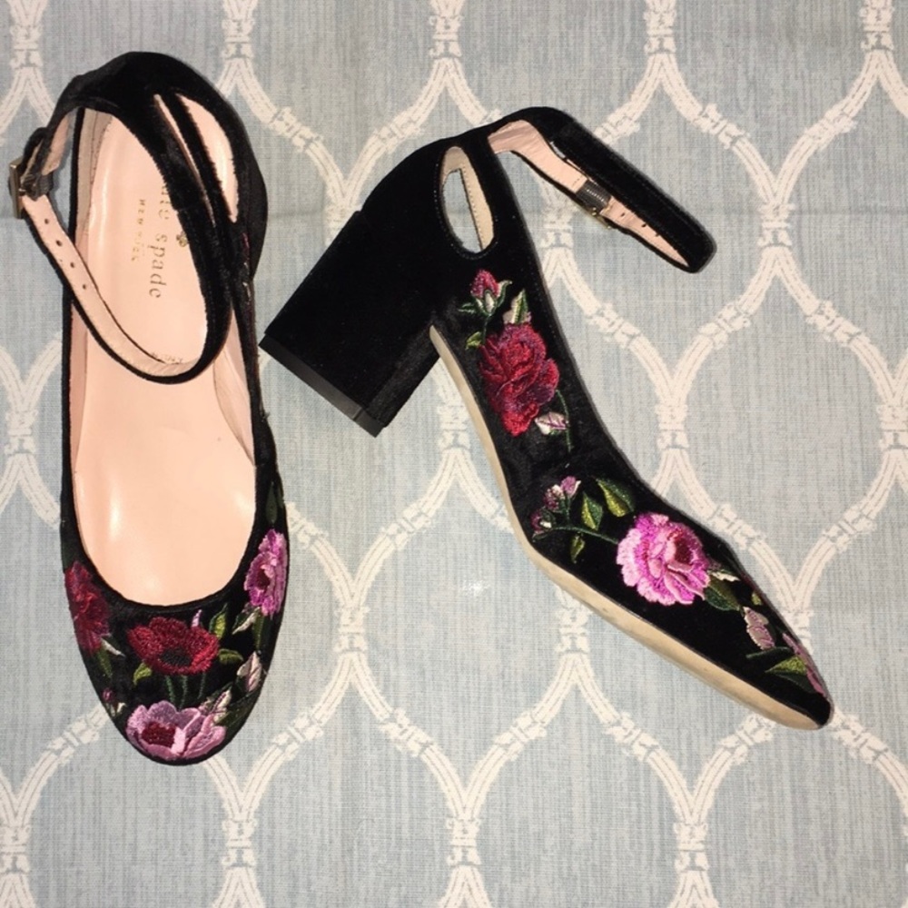 Kate Spade Black Velvet Floral Block Heel Shoes